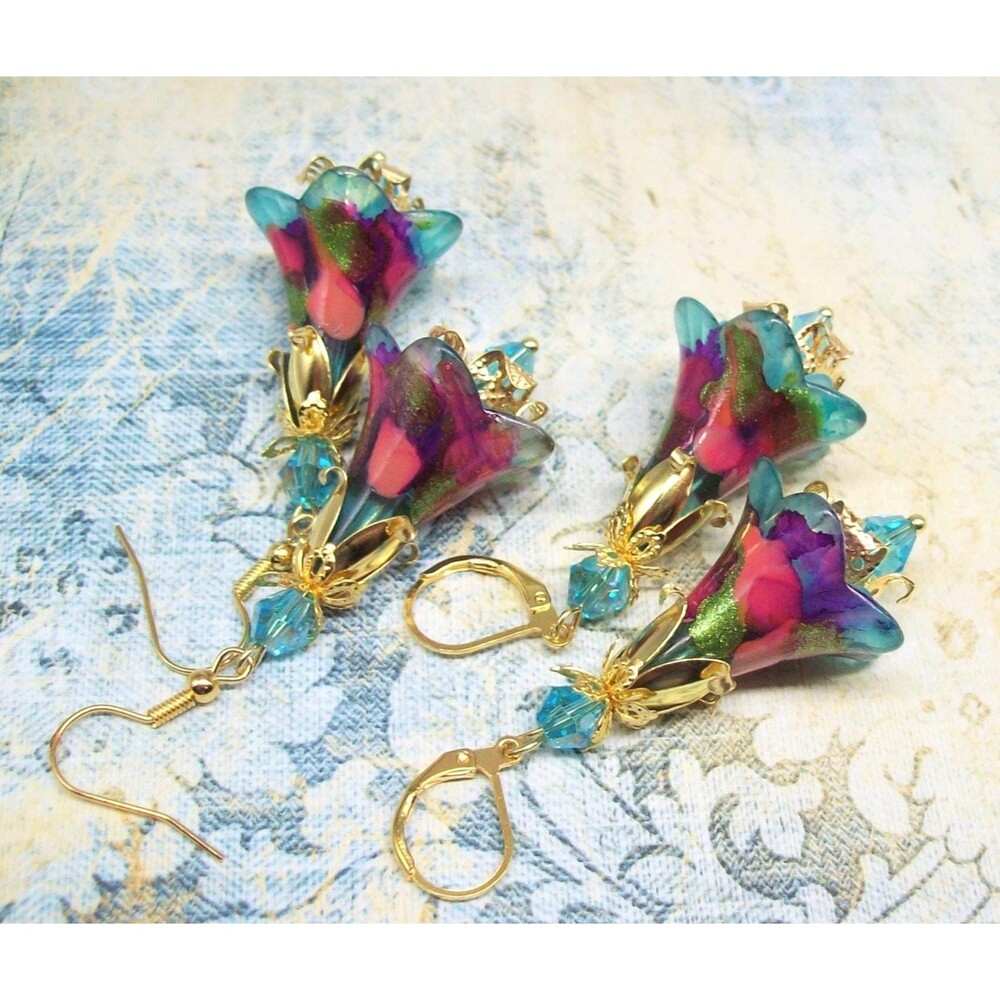 Cottagecore earrings flower dangles, Hand painted artisan crafted floral jewelry